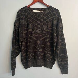 Vintage 90’s Men's Black/Grey Sweater Sz Large 100% ACRYLIC/vegan leather